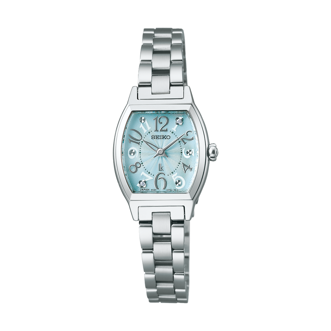 seiko lukia 2 hands in light blue dial with lab grown diamonds and numerals indicator silver stainless steel bracelet women watch front view