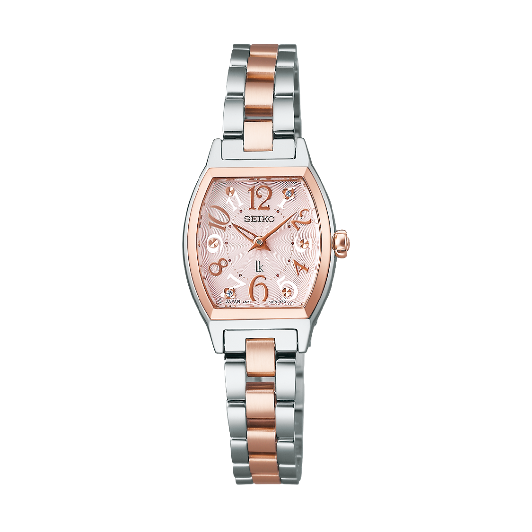 seiko lukia 2 hands in pink dial with lab grown diamond numerals and two-tone stainless steel bracelet women watch front view