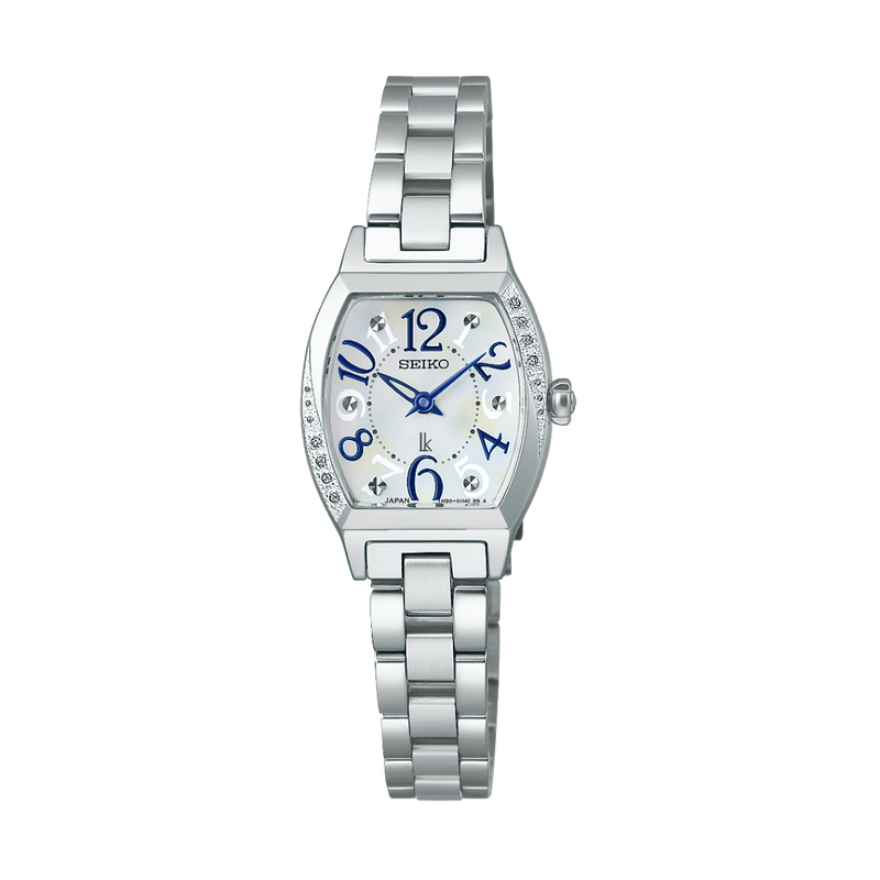 seiko lukia 2 hands in mother of pearl dial  with lab grown diamonds and silver stainless steel bracelet quartz women watch front view