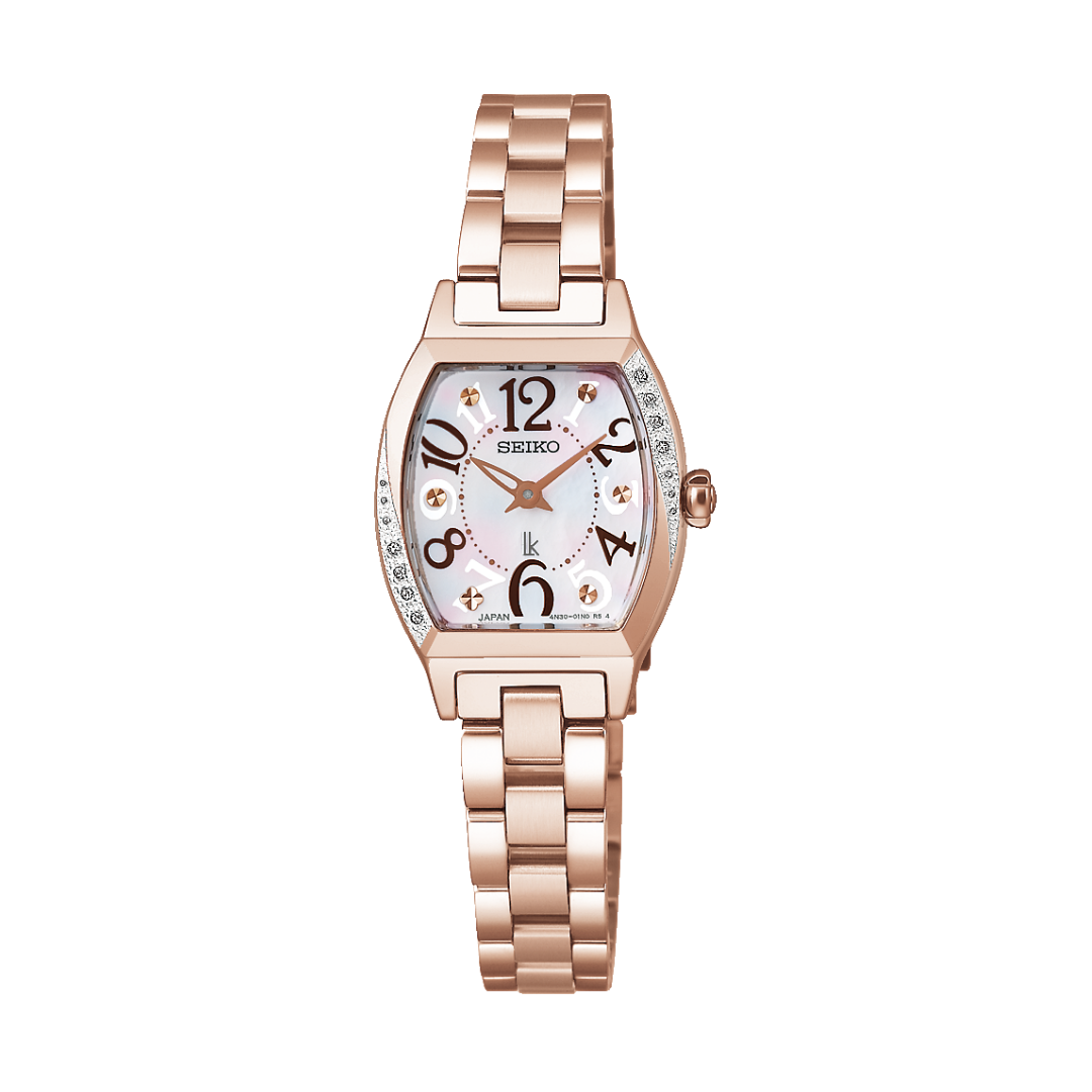 seiko lukia 2 hands in mother of pearl dial with lab grown diamonds numerals and rose gold stainless steel bracelet women watch front view
