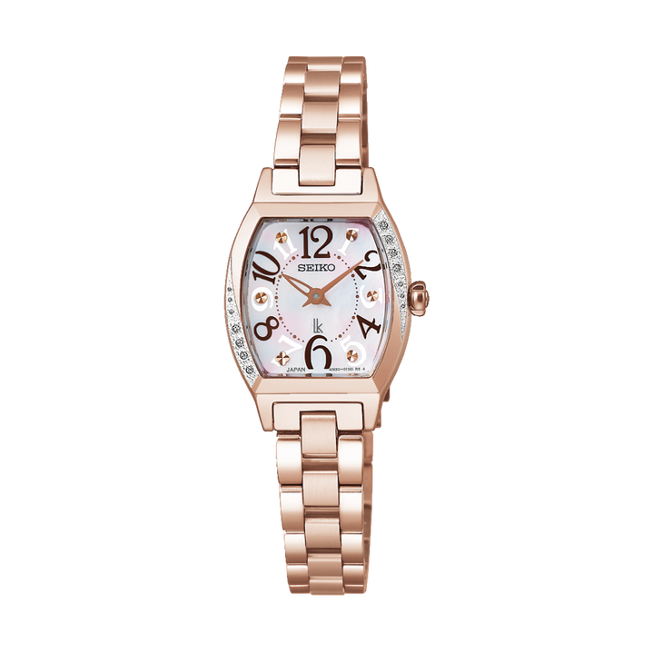 seiko lukia 2 hands in mother of pearl dial with lab grown diamonds numerals and rose gold stainless steel bracelet women watch front view