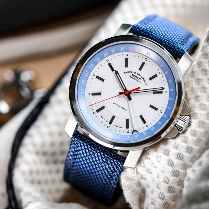 MÜHLE-GLASHÜTTE 29ER POINTER DATE M1-25-32-CB AUTOMATIC NAUTIC BLUE CANVAS STRAP MEN WATCH