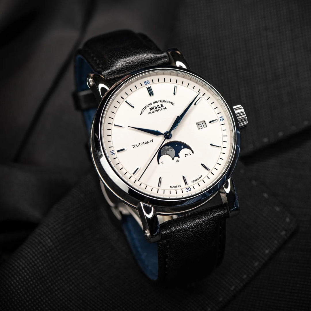 MÜHLE-GLASHÜTTE TEUTONIA IV MOONPHASE M1-44-05-LB AUTOMATIC BLACK LEATHER STRAP MEN WATCH