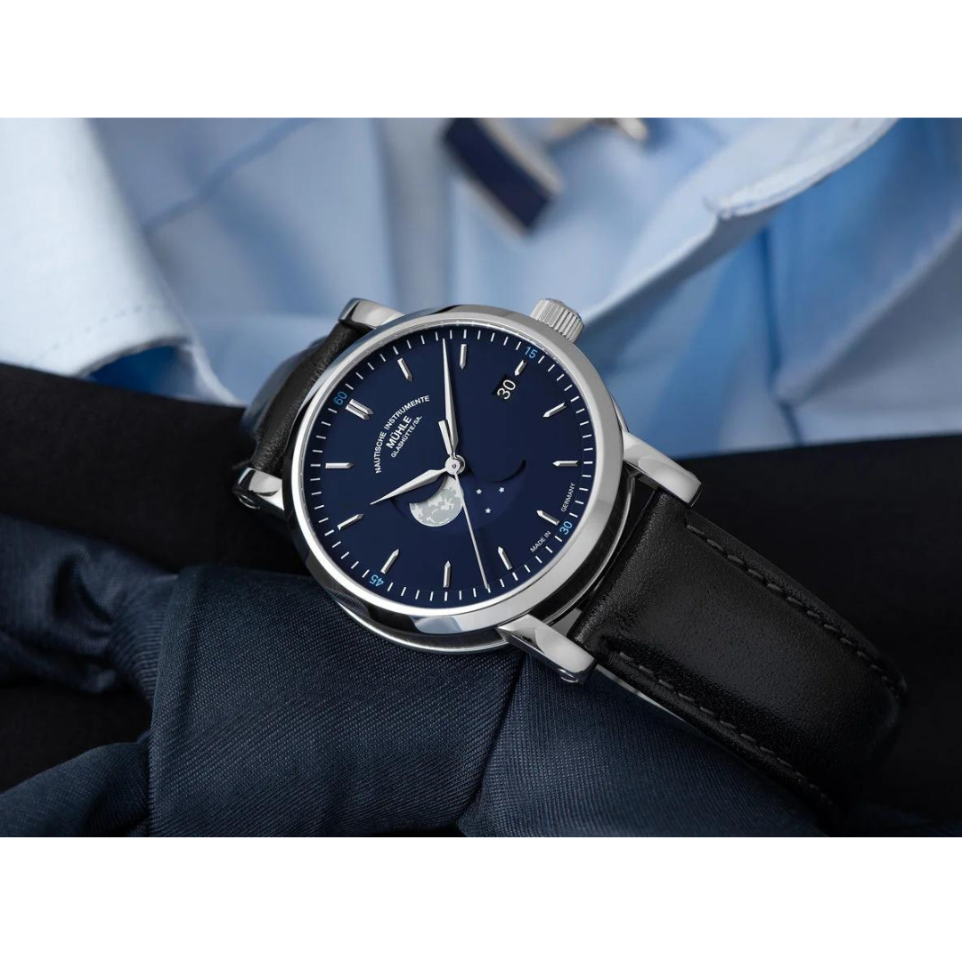 MÜHLE-GLASHÜTTE TEUTONIA IV BLUEMOON M1-44-62-LB AUTOMATIC BLACK PREMIUM-LEATHER STRAP MEN WATCH