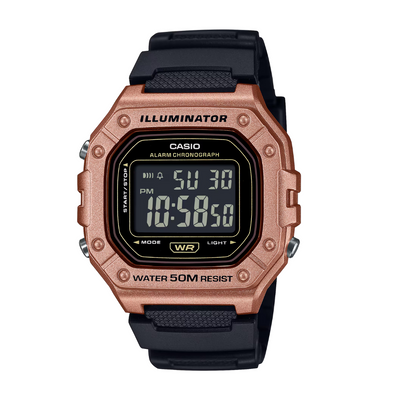Casio W-218HM-5BVDF black resin rose-gold bezel 7-year battery LED light 50m