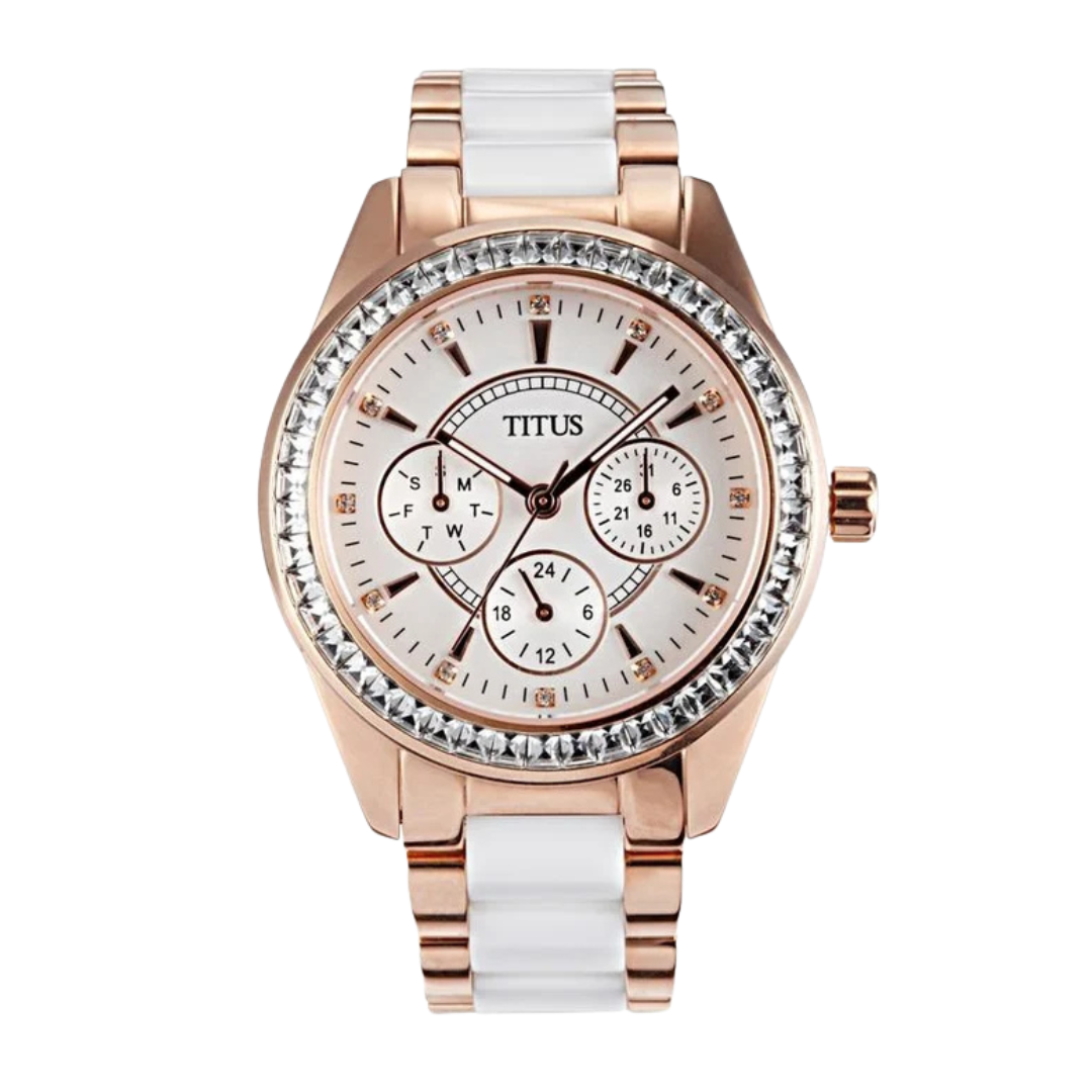 solvil et titus perse multi-function quartz with crystals around bezel and rose gold stainless steel strap with white ceramic women watch front view