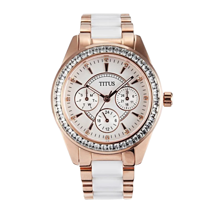 solvil et titus perse multi-function quartz with crystals around bezel and rose gold stainless steel strap with white ceramic women watch front view