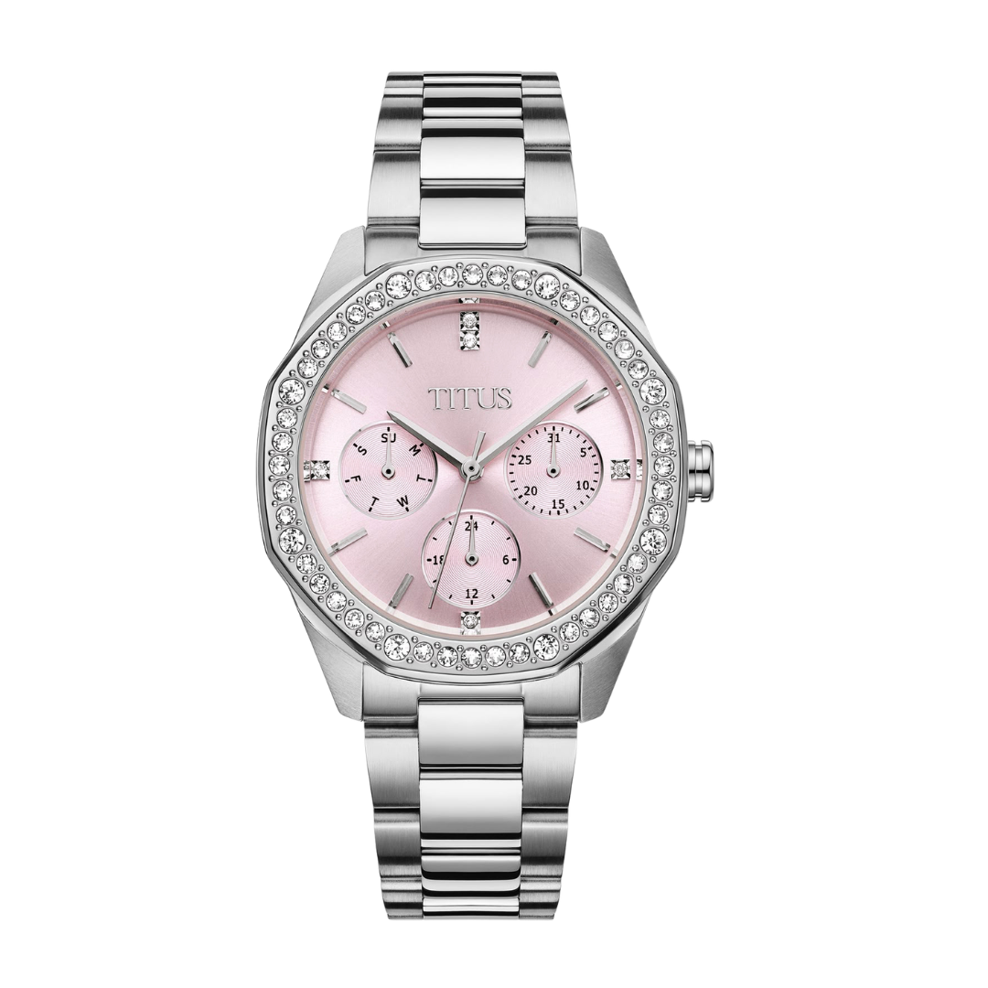 solvil et titus pink dial with crystal surrounding bezel and silver stainless steel women watch front view 