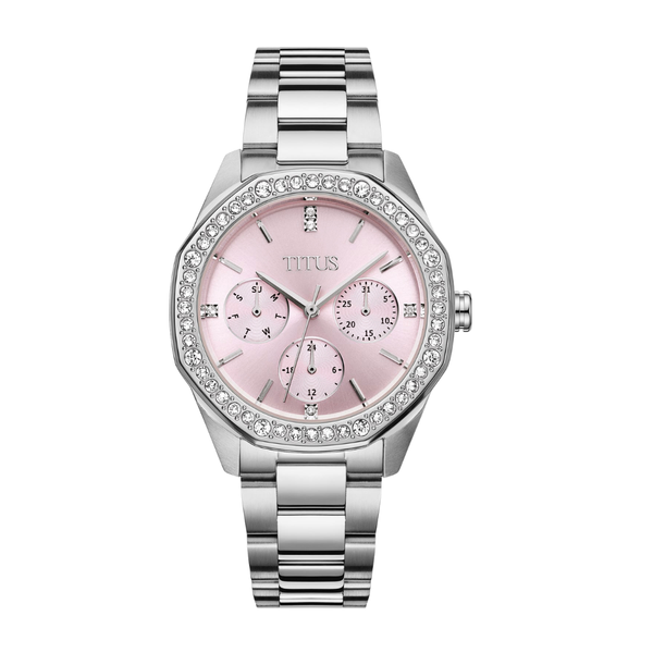 solvil et titus pink dial with crystal surrounding bezel and silver stainless steel women watch front view 