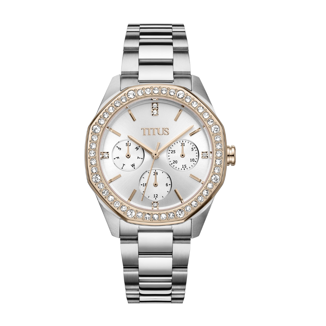 solvil et titus silver white dial with crystal surrounding the bezel and silver stainless steel bracelet women watch front view