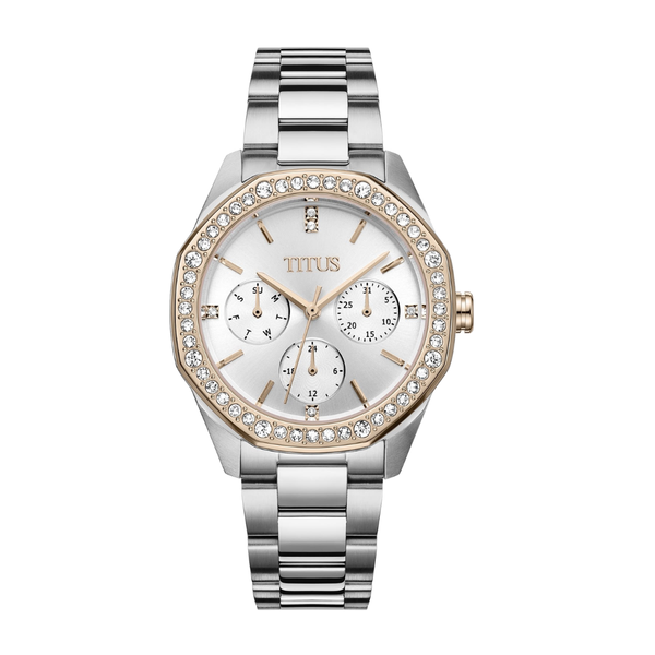 solvil et titus silver white dial with crystal surrounding the bezel and silver stainless steel bracelet women watch front view