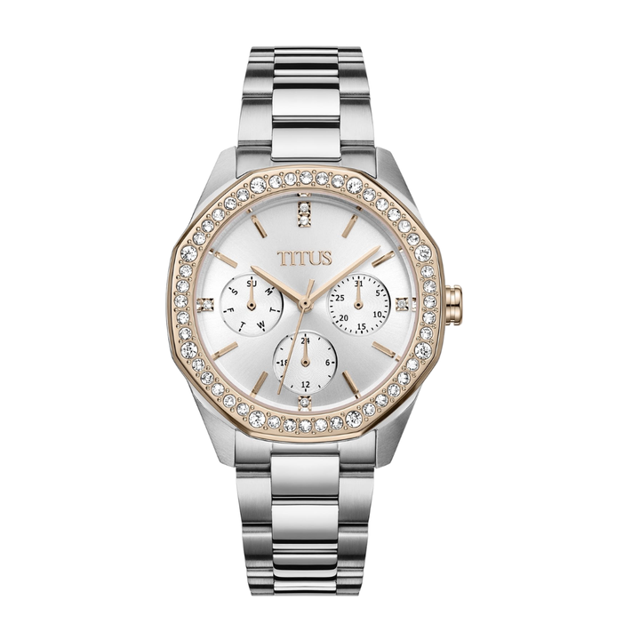 solvil et titus silver white dial with crystal surrounding the bezel and silver stainless steel bracelet women watch front view