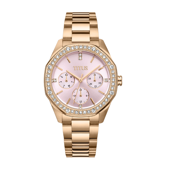 solvil et titus pink dial with crystals surrounding bezel and rose gold stainless steel women watch front view