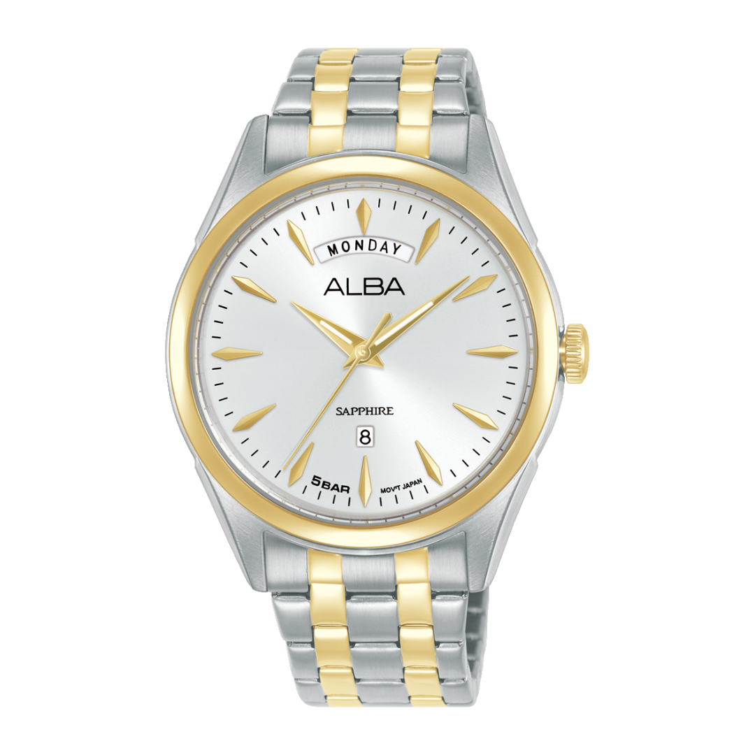 Alba A6B004X Prestige men's quartz watch — sapphire glass, silver dial, gold-tone bezel, two-tone bracelet, City Chain Singapore