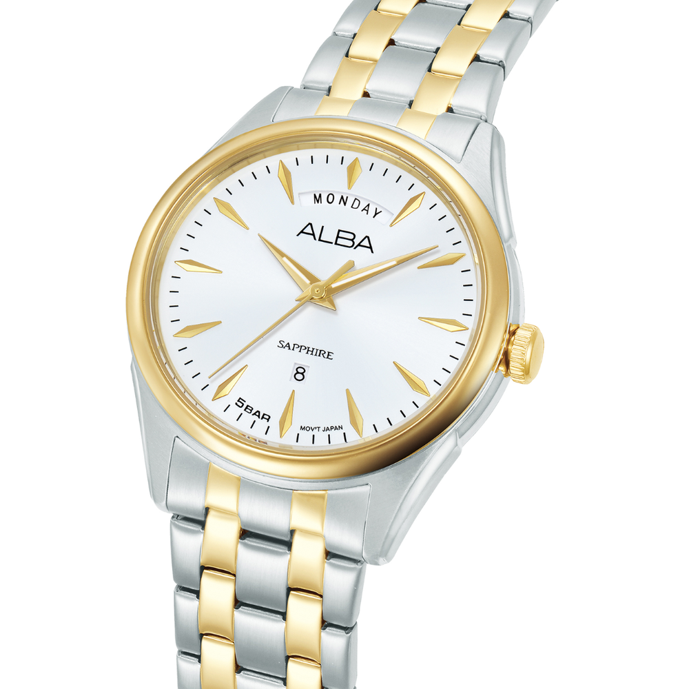 Alba A6B004X side profile — two-tone gold and silver stainless steel case with side-wrapped bracelet
