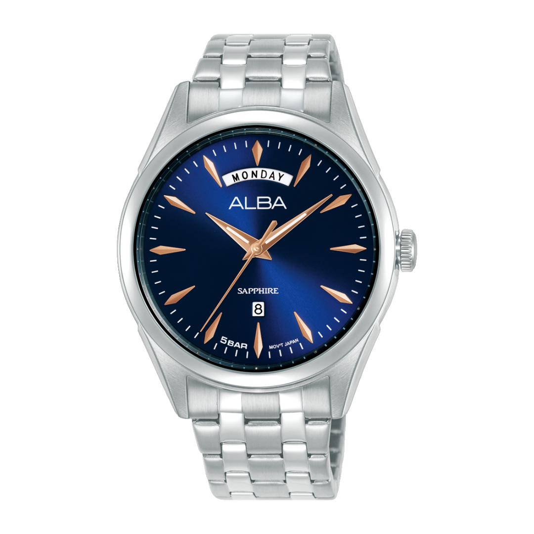 Alba A6B005X Prestige men's quartz watch — sapphire glass, navy blue dial, rose gold accents, full day-date, City Chain Singapore