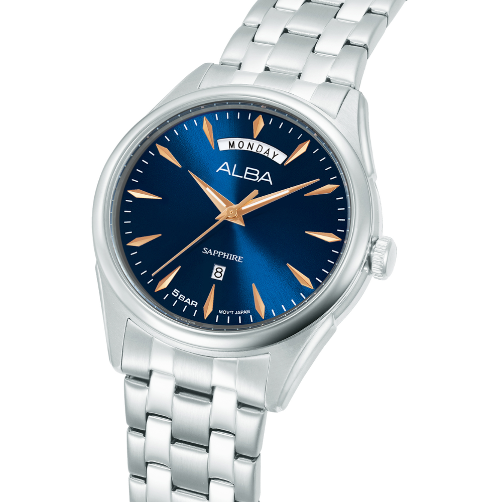 Alba A6B005X side profile — 40mm stainless steel case with brushed side-wrapped bracelet and blue dial