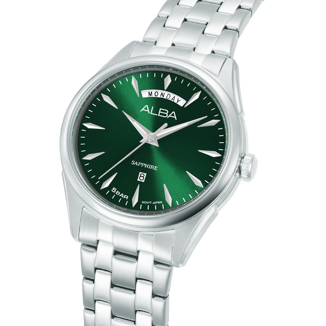 Alba A6B007X side profile — 40mm stainless steel case with brushed side-wrapped bracelet and green dial