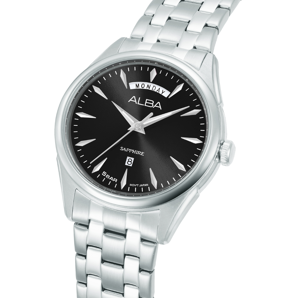 Alba A6B009X side profile — 40mm stainless steel case with brushed side-wrapped bracelet