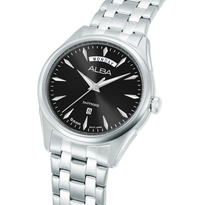Alba A6B009X side profile — 40mm stainless steel case with brushed side-wrapped bracelet