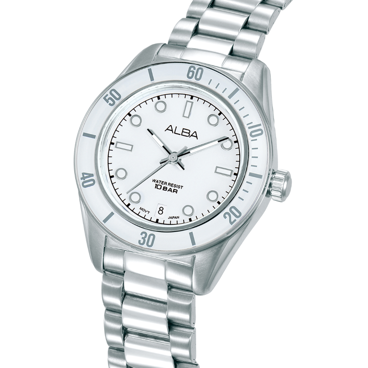 Alba AG8Q65X side view — stainless steel case and white sport bezel detail