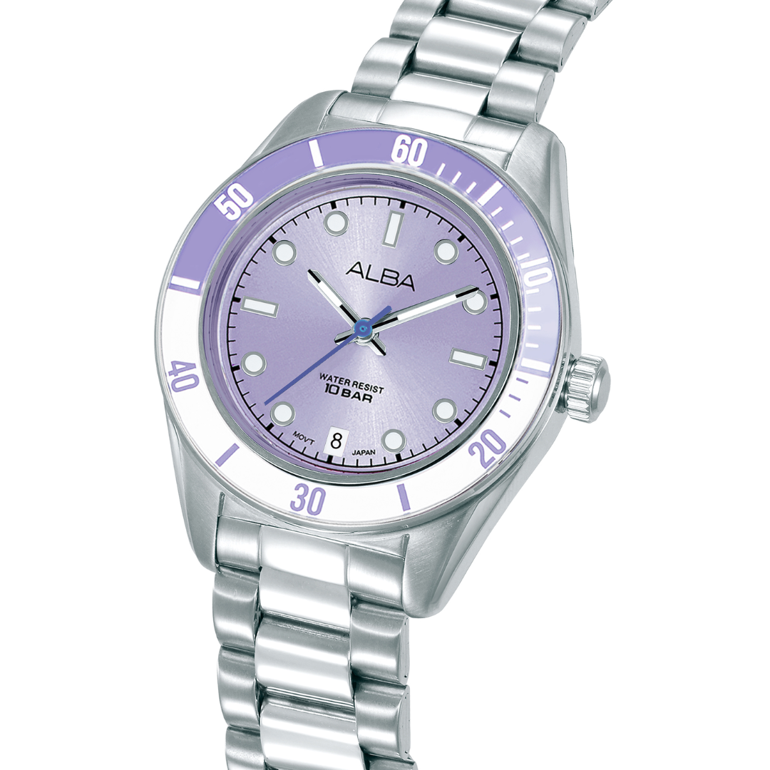 Alba AG8Q69X side profile — stainless steel case with lavender sport bezel and silver bracelet