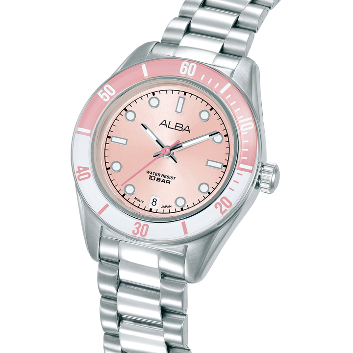 Alba AG8Q71X side profile — stainless steel case with blush pink sport bezel and silver bracelet