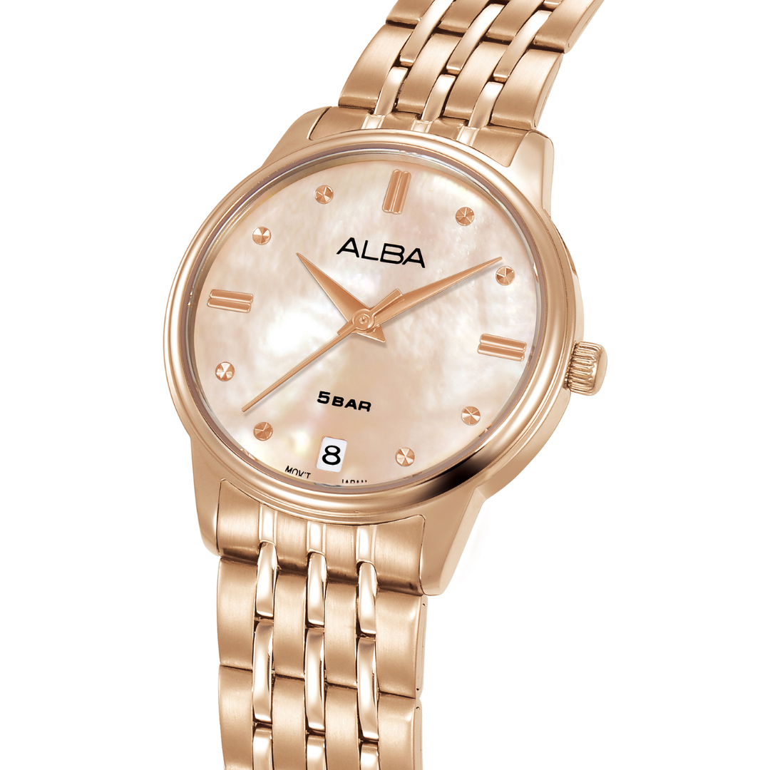 Alba AG8Q72X side profile — 28mm full rose gold PVD case with five-link bracelet