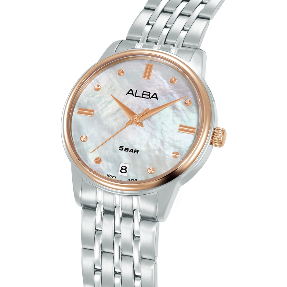 Alba AG8Q74X side profile — 28mm two-tone rose gold bezel with silver stainless bracelet