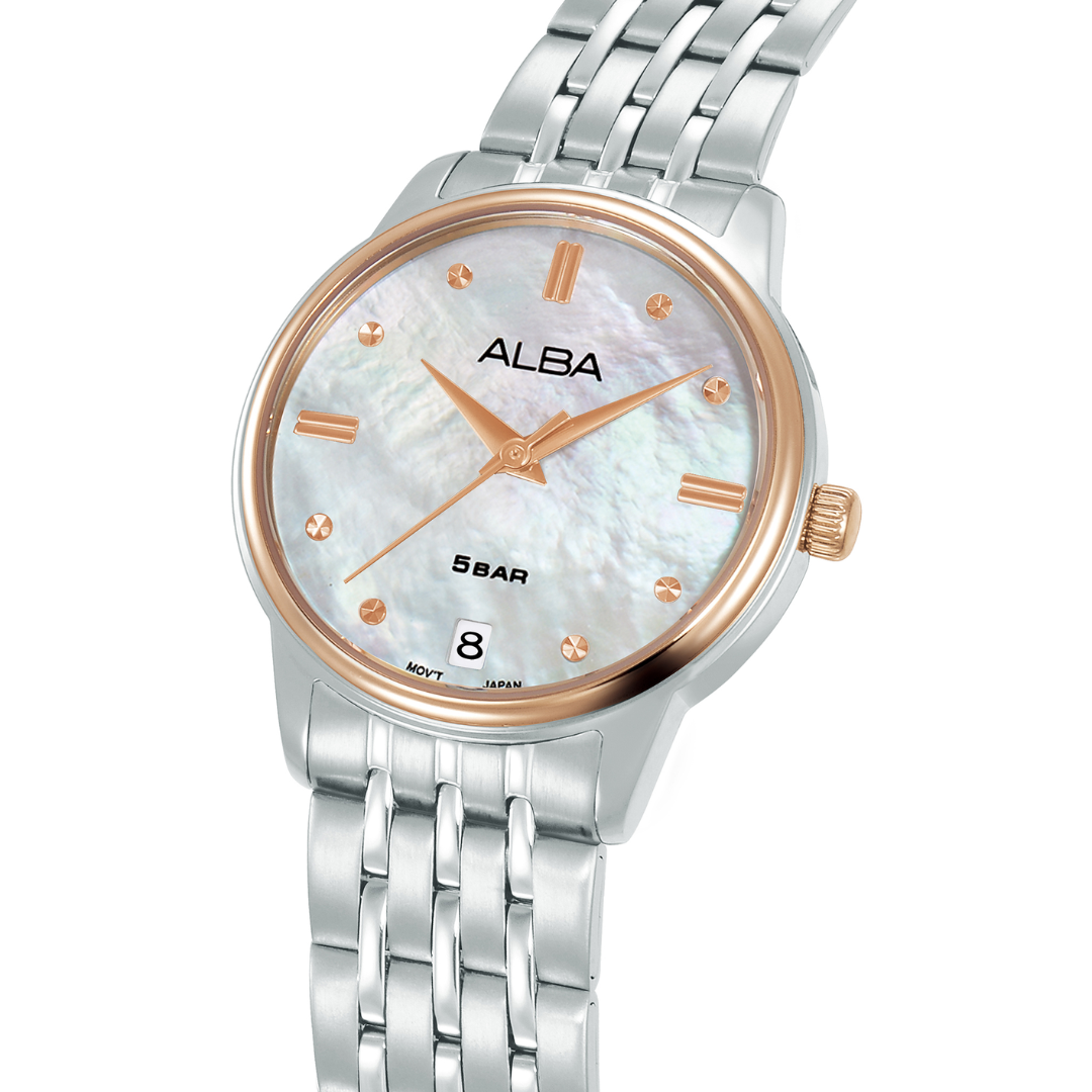 Alba AG8Q74X side profile — 28mm two-tone rose gold bezel with silver stainless bracelet
