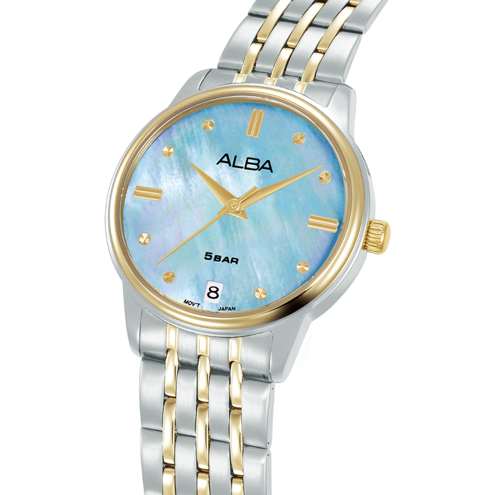 Alba AG8Q75X side profile — 28mm stainless steel case with two-tone silver and gold five-link bracelet
