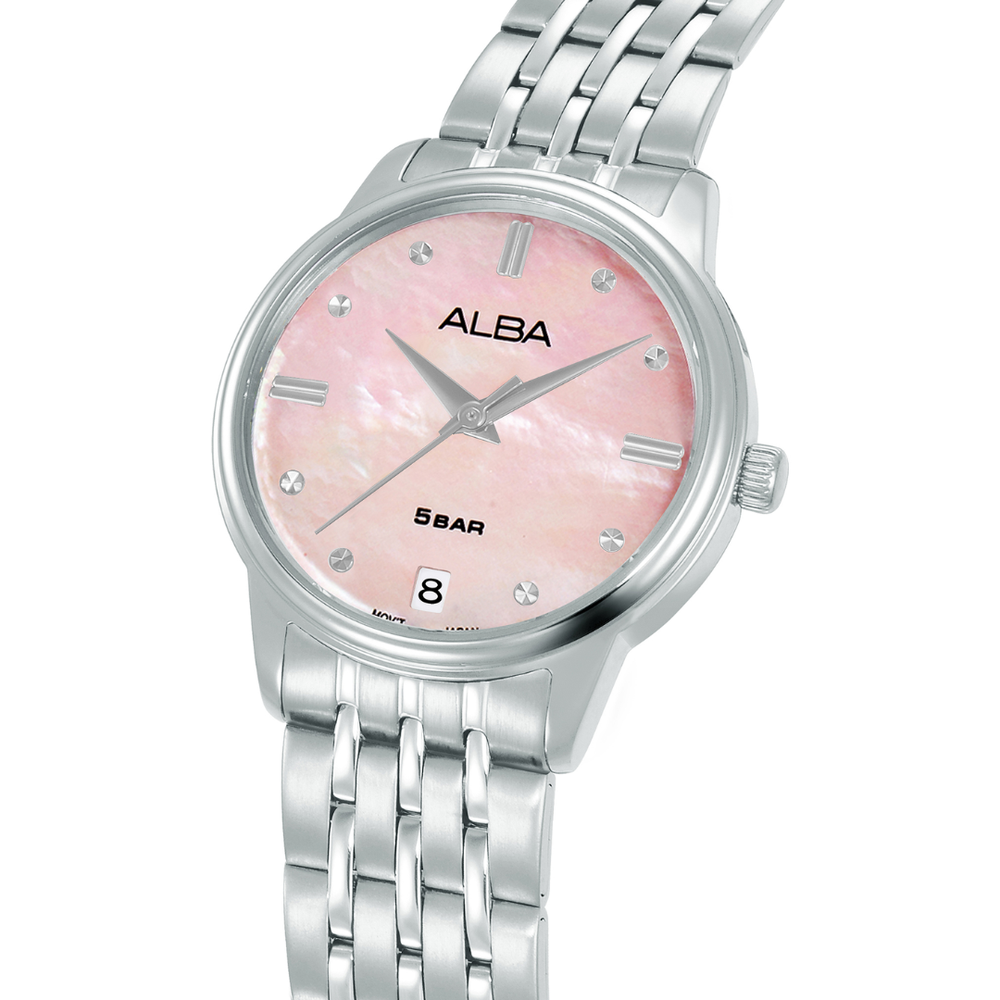 Alba AG8Q79X side profile — 28mm polished silver stainless steel case with five-link bracelet
