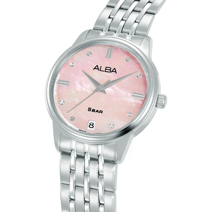 Alba AG8Q79X side profile — 28mm polished silver stainless steel case with five-link bracelet