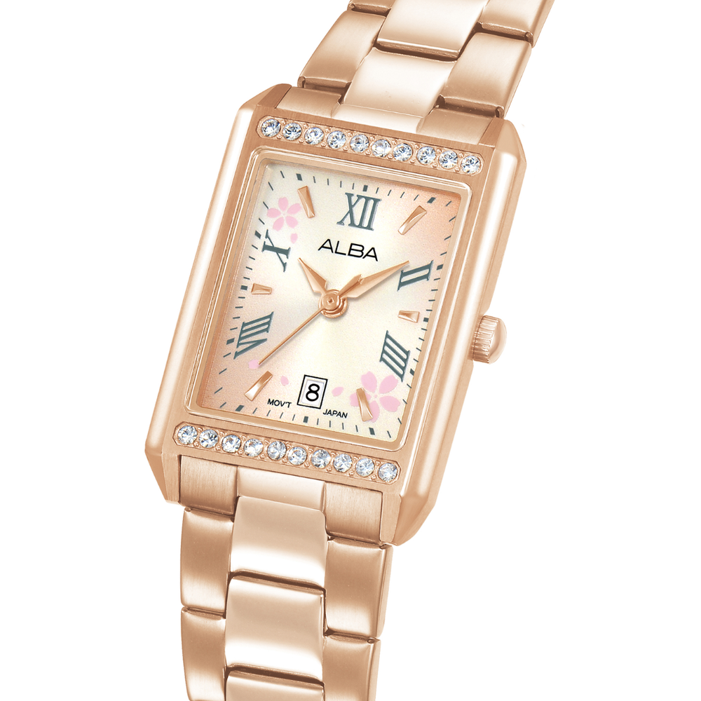 Alba AH7EZ8X side profile — full rose gold rectangular case with crystal bezels and bracelet