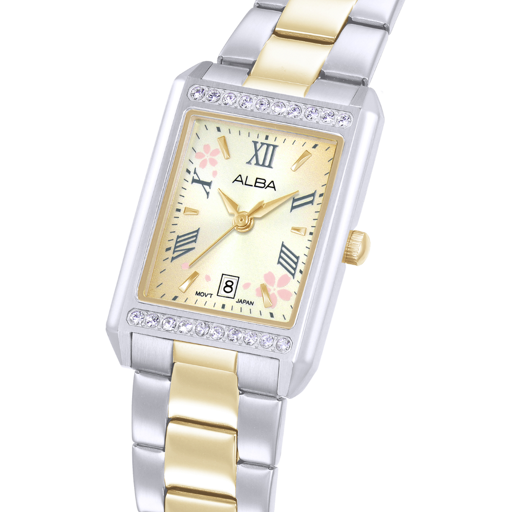 Alba AH7EZ9X side profile — two-tone silver and gold rectangular case with crystal bezels
