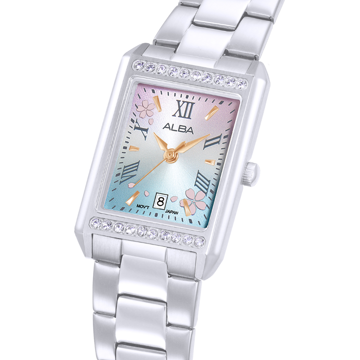 Alba AH7FA1X side profile — 22.5mm silver rectangular case with crystal bezels and side-wrapped bracelet