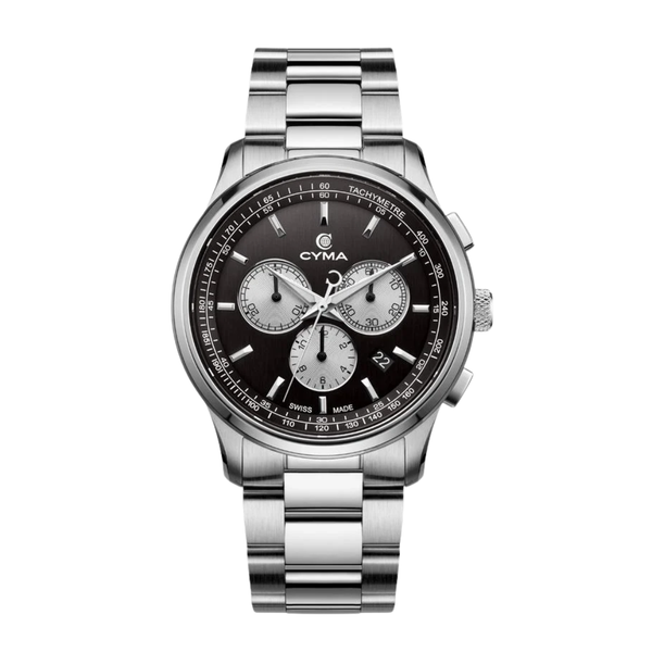 CYMA Champion Swiss quartz chronograph — black vertical hairline dial with steel case and Super LumiNova hour indicators