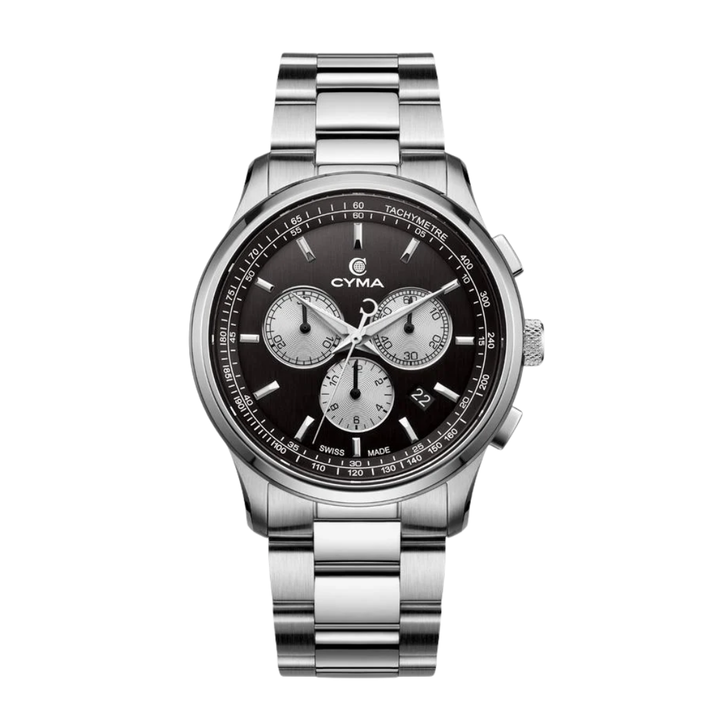 CYMA Champion Swiss quartz chronograph — black vertical hairline dial with steel case and Super LumiNova hour indicators