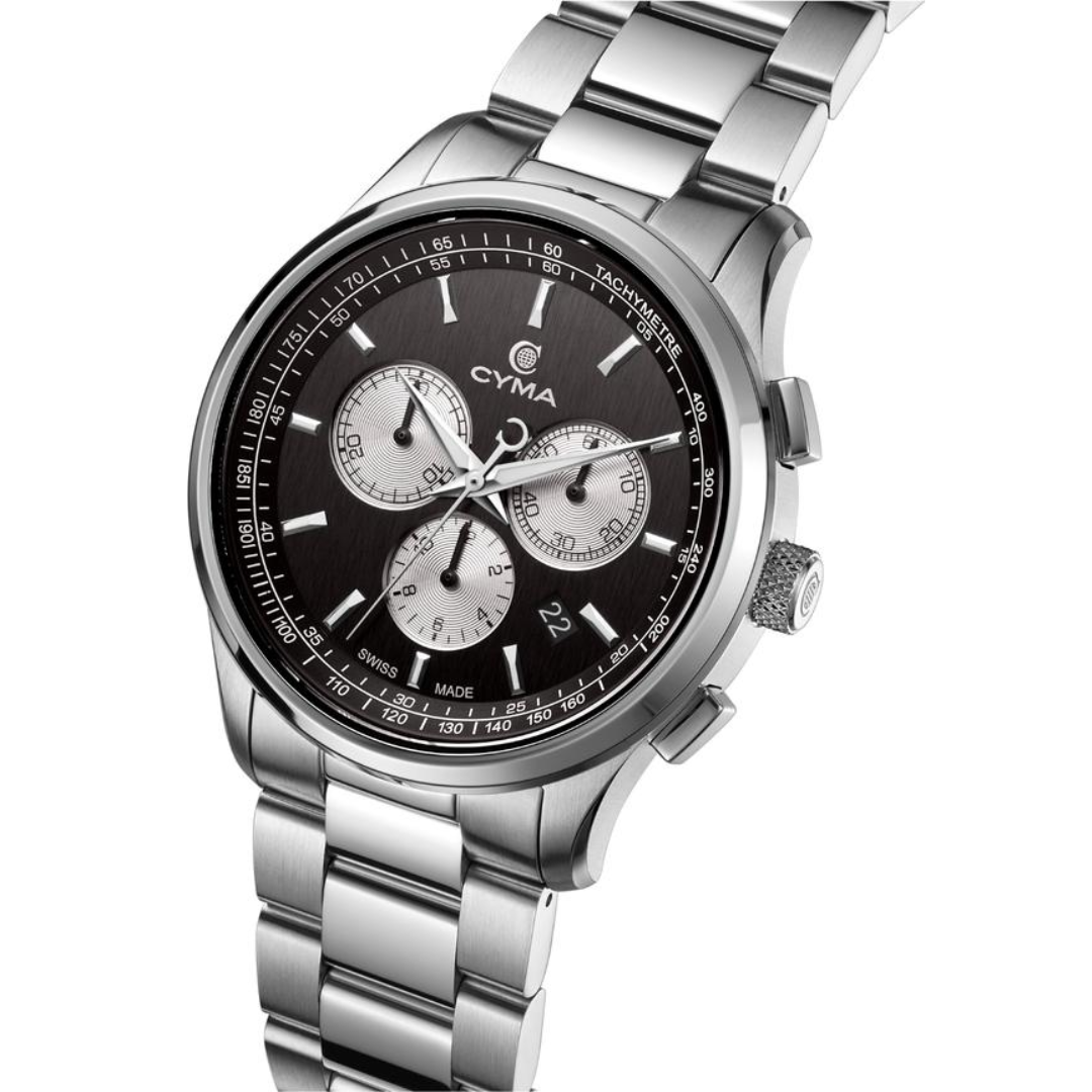 CYMA Champion 42mm stainless steel case side profile — 10.8mm slim with screw-type caseback and drop-in crown detail