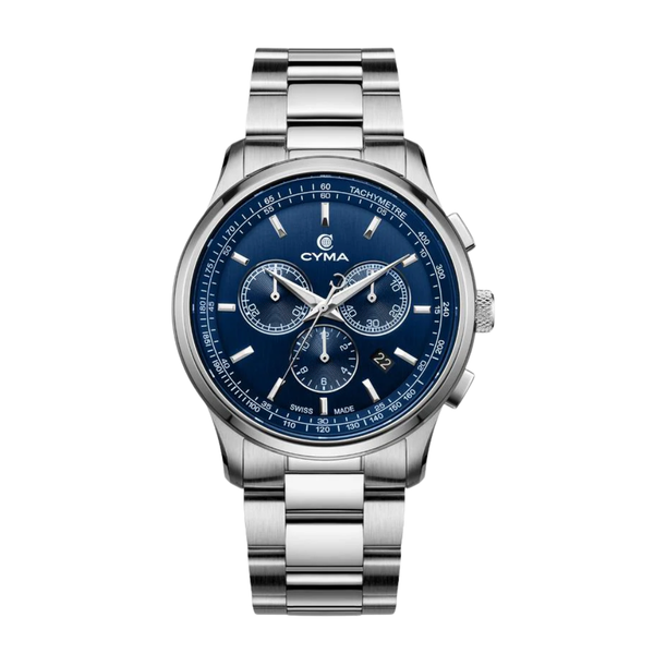 CYMA Champion Swiss quartz chronograph — dark blue vertical hairline dial with Super LumiNova hour indicators and hands