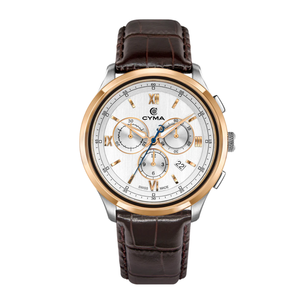 CYMA Champion Swiss quartz chronograph — blue sunray dial with rose gold-plated bezel and Super LumiNova hands