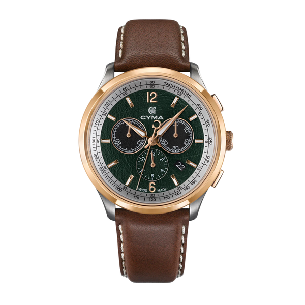 CYMA Champion Swiss quartz chronograph — green sand-blast dial with rose gold-plated bezel and Super LumiNova hands