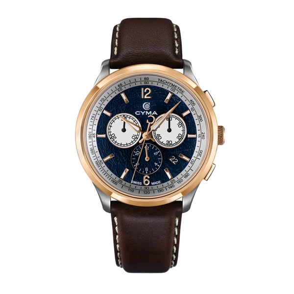 CYMA Champion Swiss quartz chronograph — blue sand-blast matte dial with rose gold-plated bezel and Super LumiNova hands
