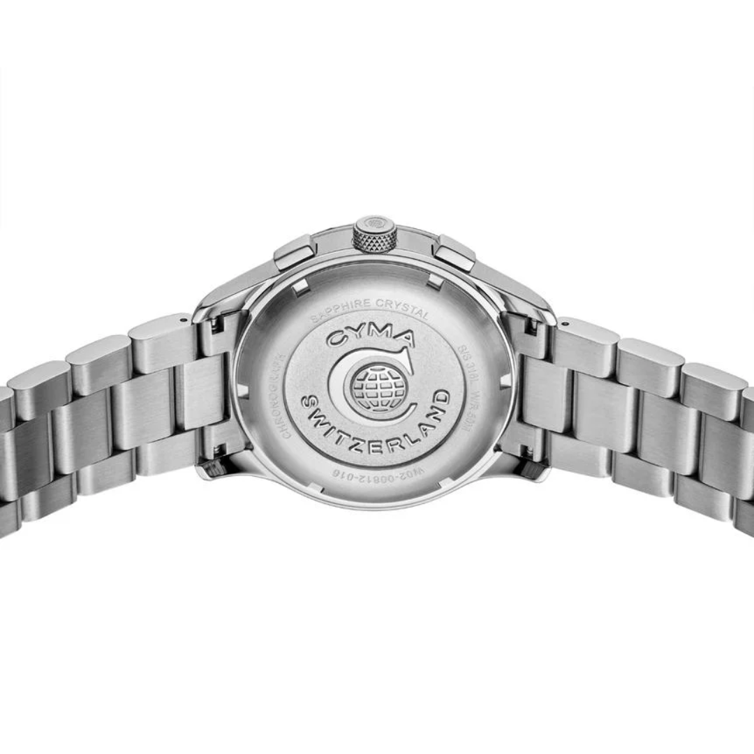 CYMA Champion stainless steel screw-type caseback — Swiss made engraving detail