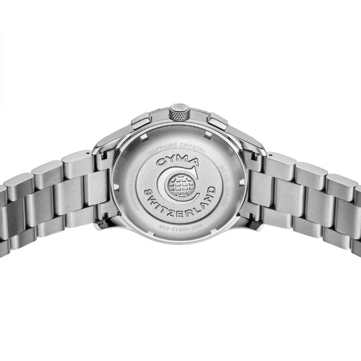 CYMA Champion stainless steel screw-type caseback — Swiss made engraving detail