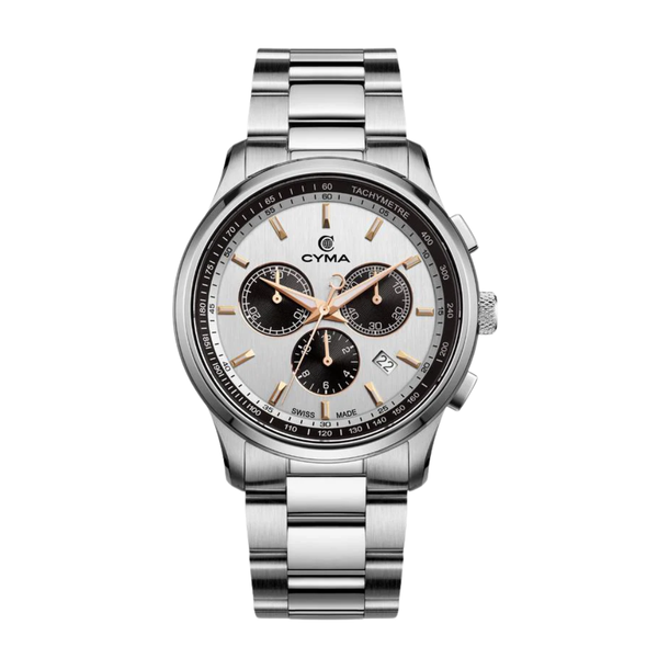 CYMA Champion Swiss quartz chronograph — silver white vertical hairline dial with black sub-dials and Super LumiNova hour indicators