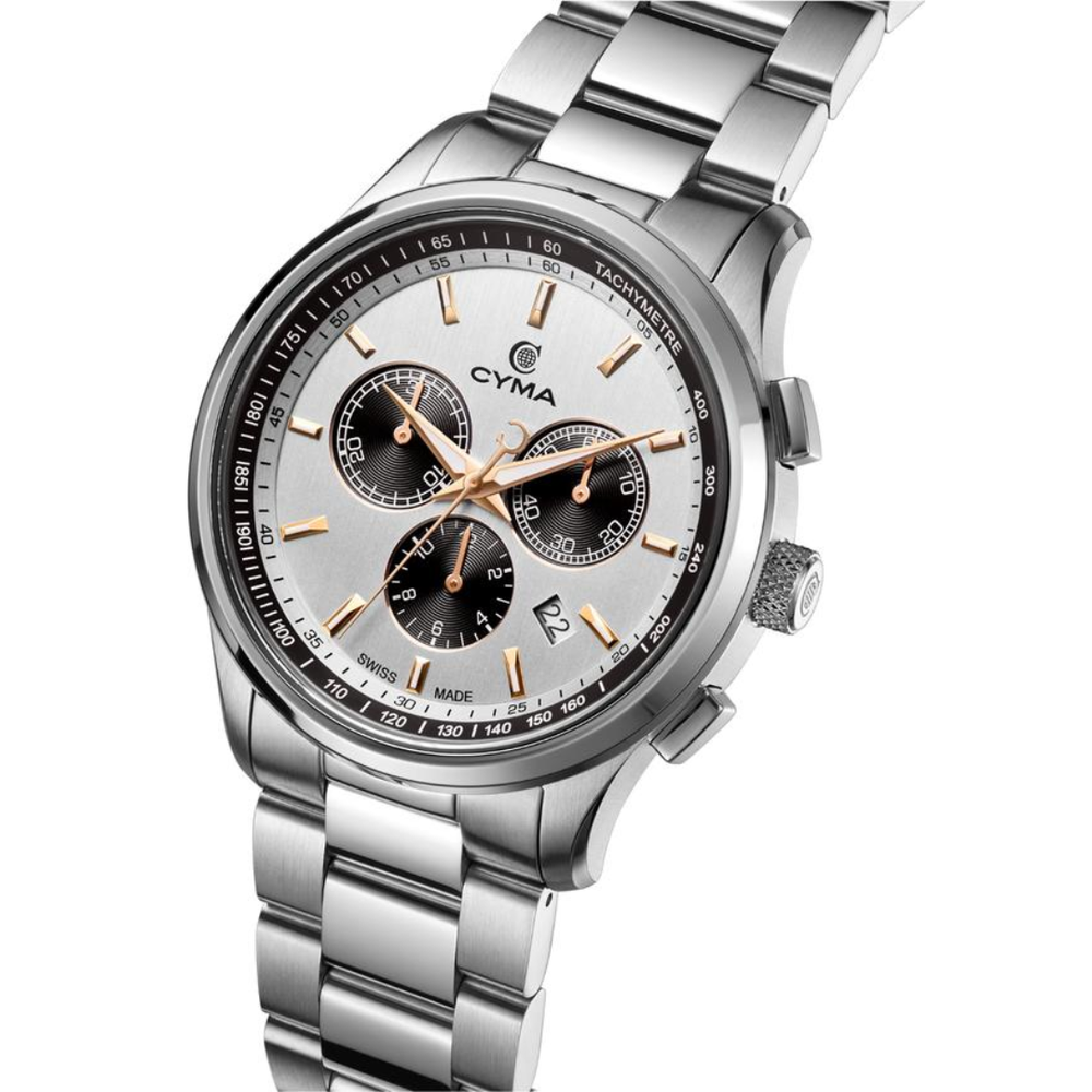 CYMA Champion 42mm stainless steel case side profile — 10.8mm slim with plain steel case and drop-in crown detail