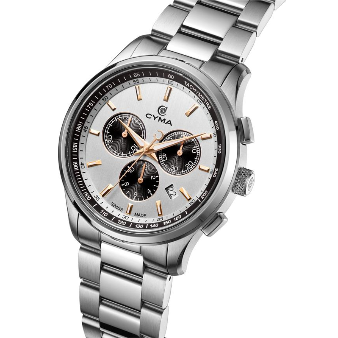 CYMA Champion 42mm stainless steel case side profile — 10.8mm slim with plain steel case and drop-in crown detail