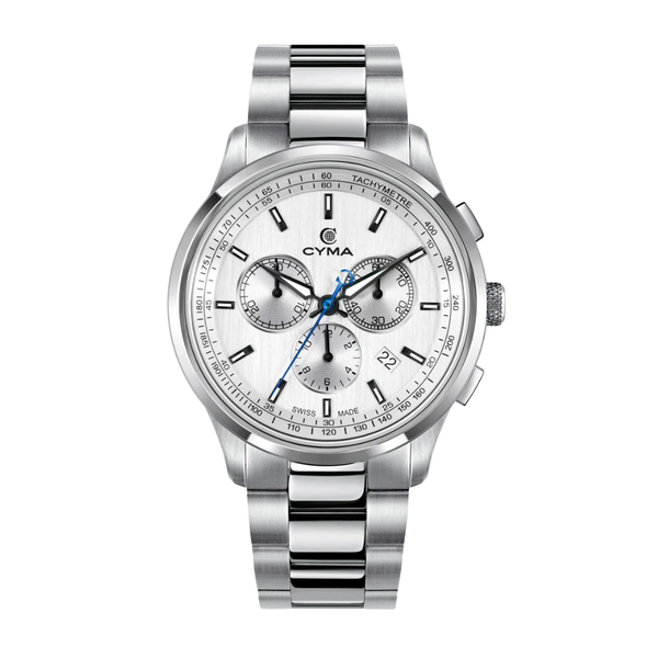 CYMA Champion Swiss quartz chronograph watch — silver white vertical brush dial with Super LumiNova hands and hour markers