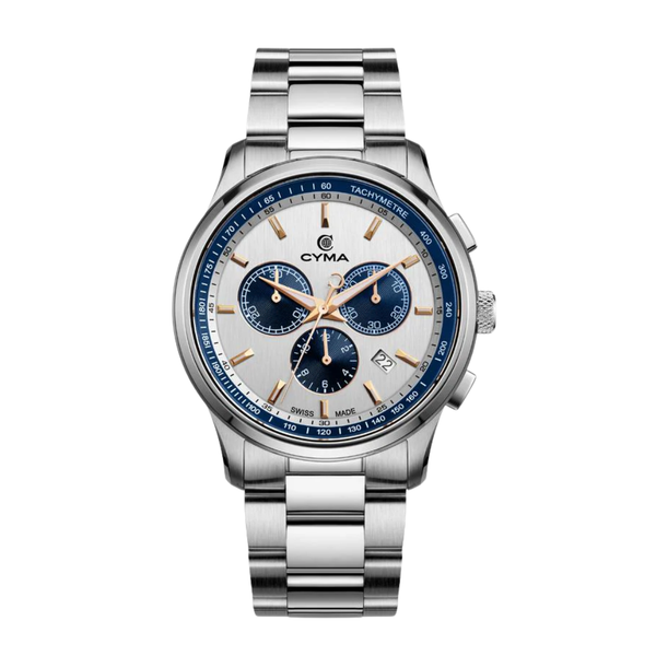 CYMA Champion Swiss quartz chronograph — silver white vertical hairline dial with Super LumiNova hour indicators and hands